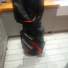 TaylorMade Cart Golf Bag Black/Red Leather 14-Way Divider 8 Pockets Rain Hood