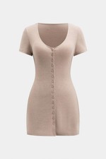 Short Sleeve V- Neck Button Mini Dress