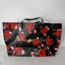 Victoria's Secret Tote Bag NEW Womens Large Black Red Rose Floral Logo Shopper