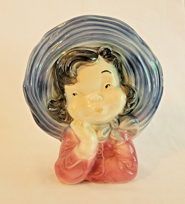 Vtg Royal Copley Pottery Wall Pocket Planter Girl in Big Brimmed Blue Hat 7.5''