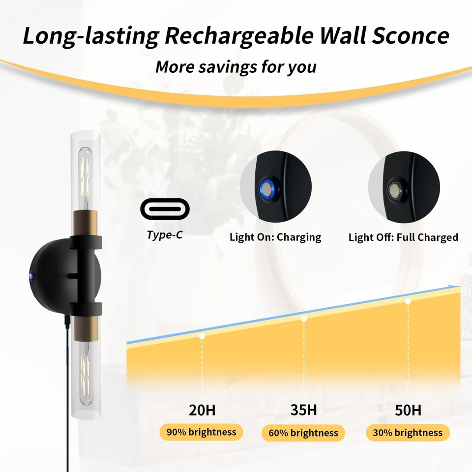 Juego de 2 apliques de pared recargables a batería, luz de pared regulable con... Foto 4 de 4