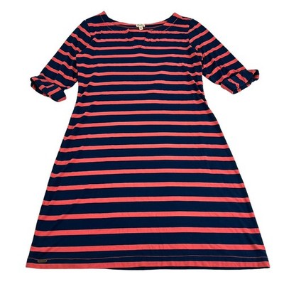 Hatley A-Line Dress Women's Medium Coral Navy Blue Stripes Henley 3/4 Sleeve