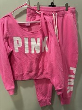 PINK Victoria's Secret Sweatsuit Set Pink White Cotton Blend Size L Regular Fit