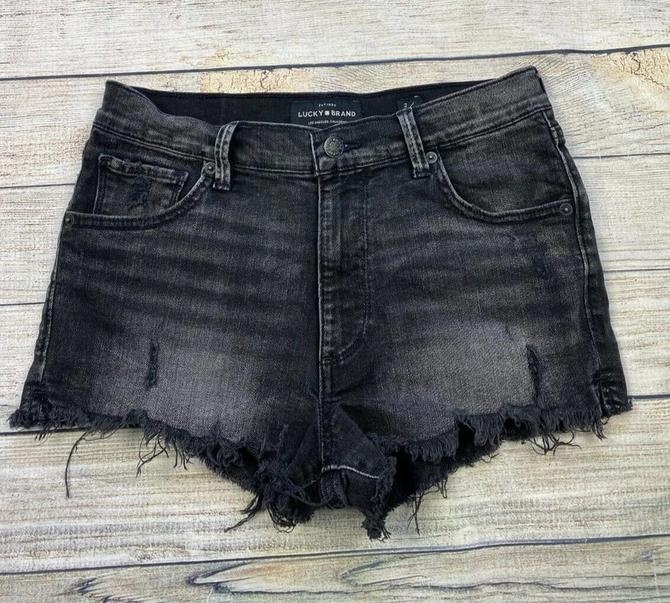 Pantalón Corto Lucky Brand Tiro Alto Talla 2 26 Negro Denim Jean Botín Pantalones Cortos Envejecido Foto 2 de 4