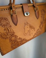 Vintage Hand Tooled Embossed Leather Handbag Horse , Deer Floral Satchel Bag