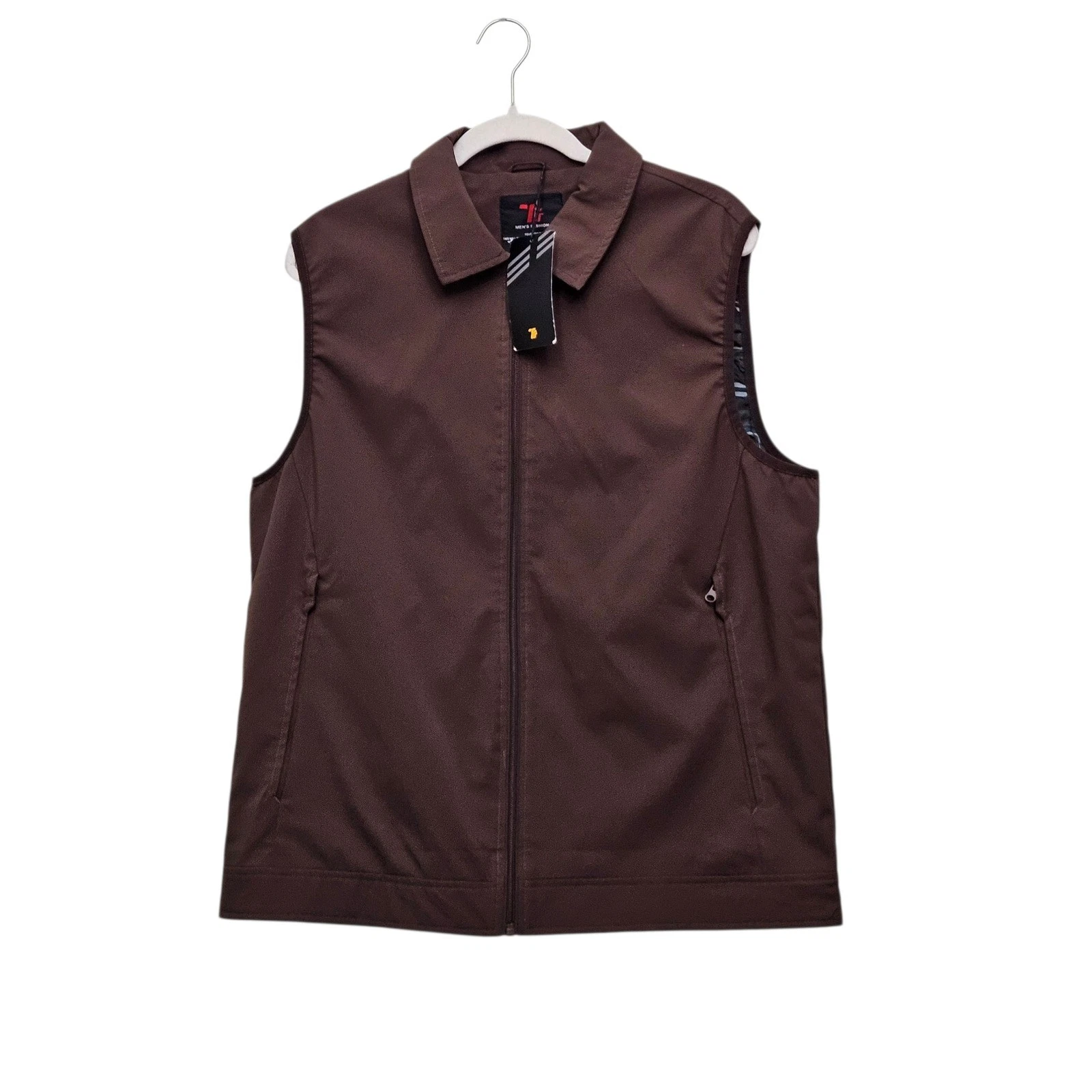 Men's Fashion Vest L Brown Full Zip Collared Lightweight Gorpcore Utility