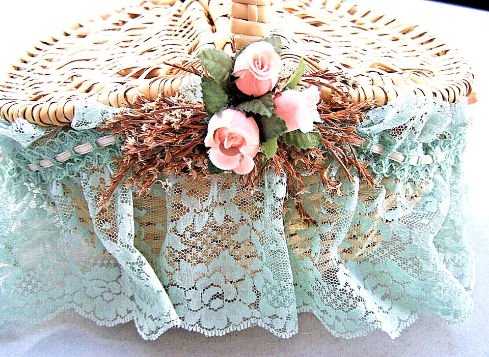 BODA NOVIA CESTA DE MIMBRE DOBLE CARA NIÑA FLORES CESTA DE ENCAJE VERDE Foto 2 de 4
