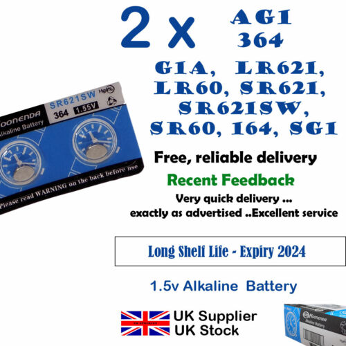 2 x 1.55v Alkaline Battery - AG1 364 G1A LR621 LR60 SR621 SR621SW - UK Seller - Afbeelding 1 van 5