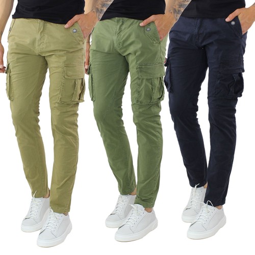 Pantaloni Cargo Uomo con Tasche Laterali Primaverili Pantalone Slim Verde  Blu Be | eBay