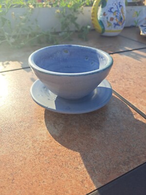 Handmade Studio Pottery Soup Cereal Rice Bowl with saucer Blue Green Glaze Nardi