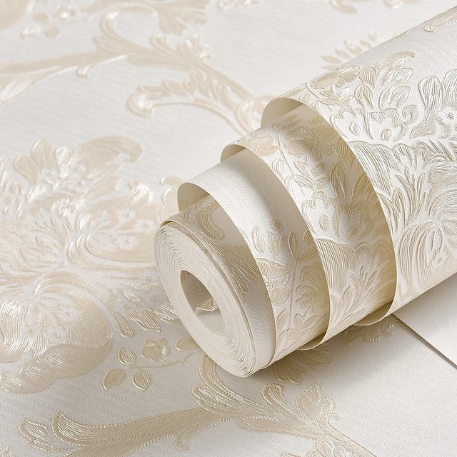 Quality Ivory White Glitter Embossed Damask Floral Pattern 3d Wallpaper