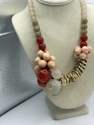 Lydell NYC Chunky Peach, Coral & Cream Colored Beaded Fashion Necklace Gold Tone