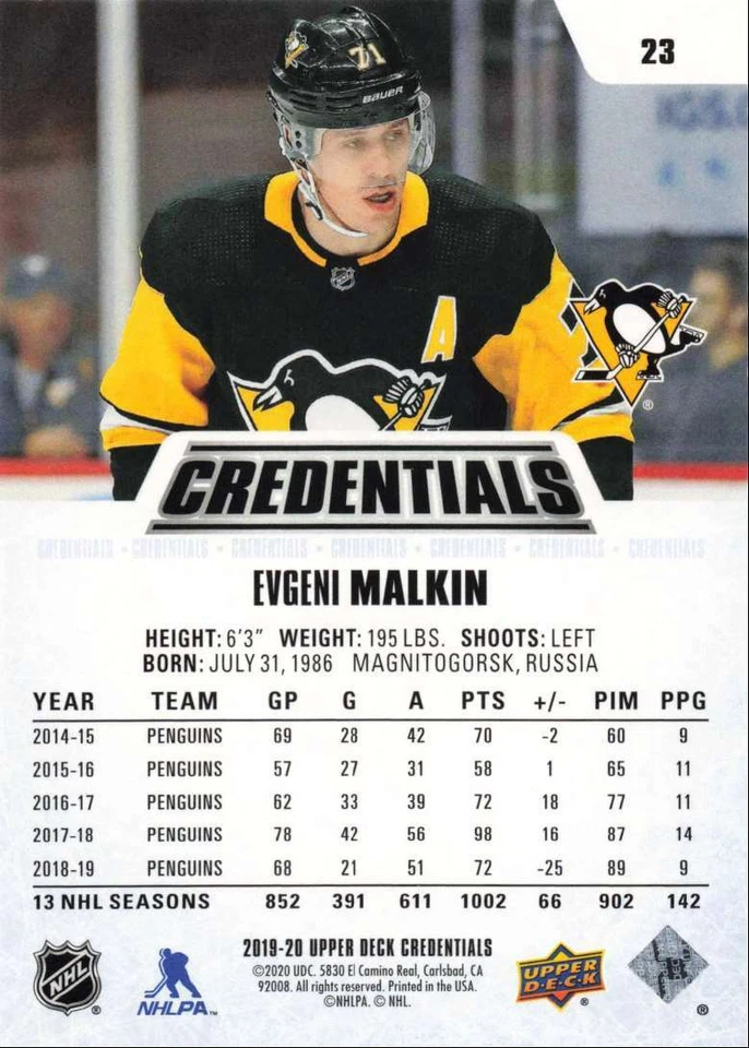 2019-20 Upper Deck Credentials Evgeni Malkin Pittsburgh Penguins #23 - Image 2 of 2