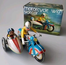 SIDECAR TIN LITHOGRAPH WIND-UP MOTORCYCLE LITHO TOY IN BOX MOTOCYCLETTE TINPLATE