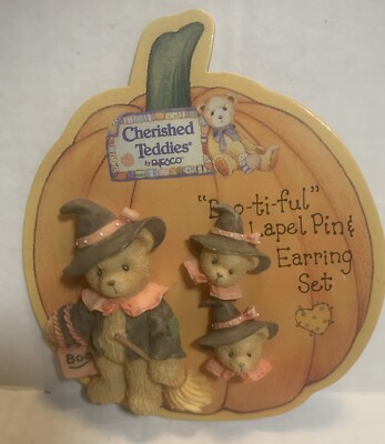 Vintage 1996 Cherished Teddies By Enesco  Bootiful  Lapel Pin Earrings PreOwned