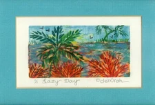 TROPICAL BEACH PALM TREES Seascape Birds ORIGINAL Monoprint FRAMED Signed
