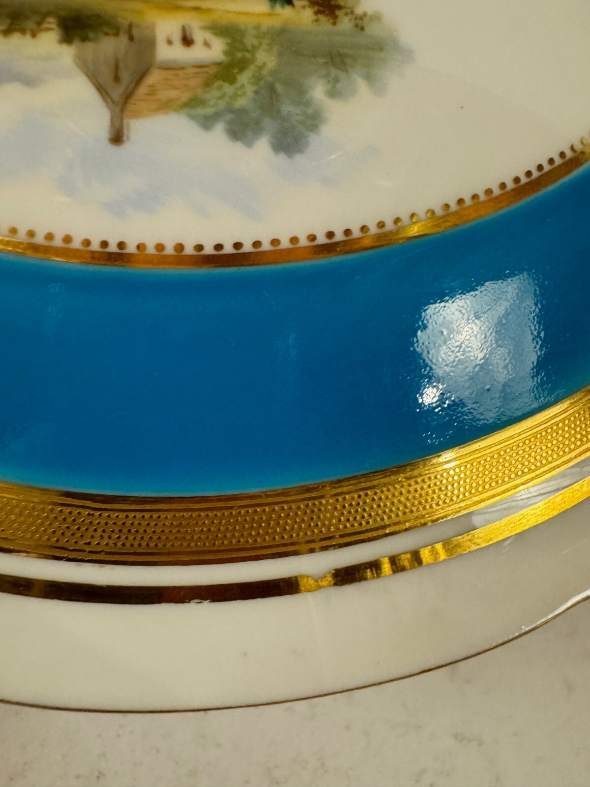 Antique Minton Porcelain Compote Blue Gold & Painted Landscape Scenes Decoration