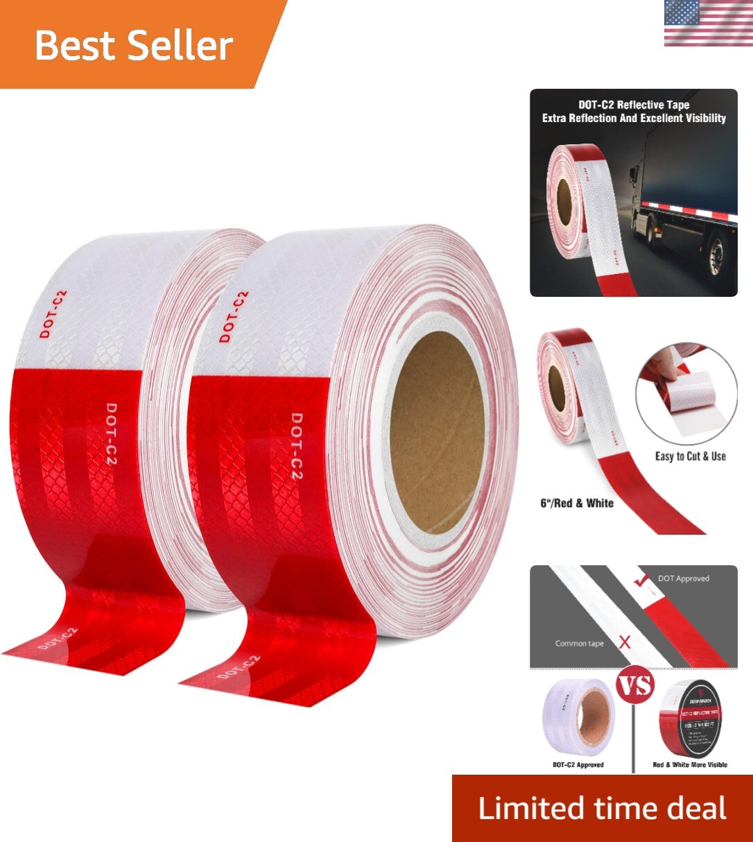 DOT-C2 Reflective Safety Tape 2 Inch x 200 Feet Red/White Conspicuity Tape fo...