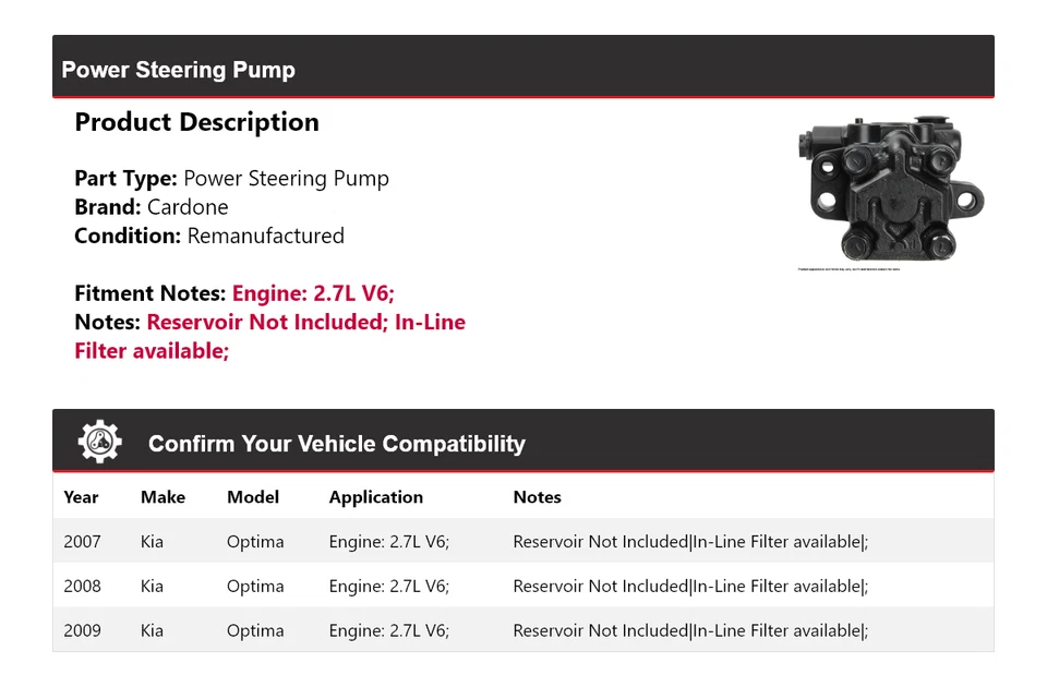 Bomba de direção hidráulica Cardone 2008 para 2007-2009 Kia Optima 2.7L V6 - Imagem 2 de 4