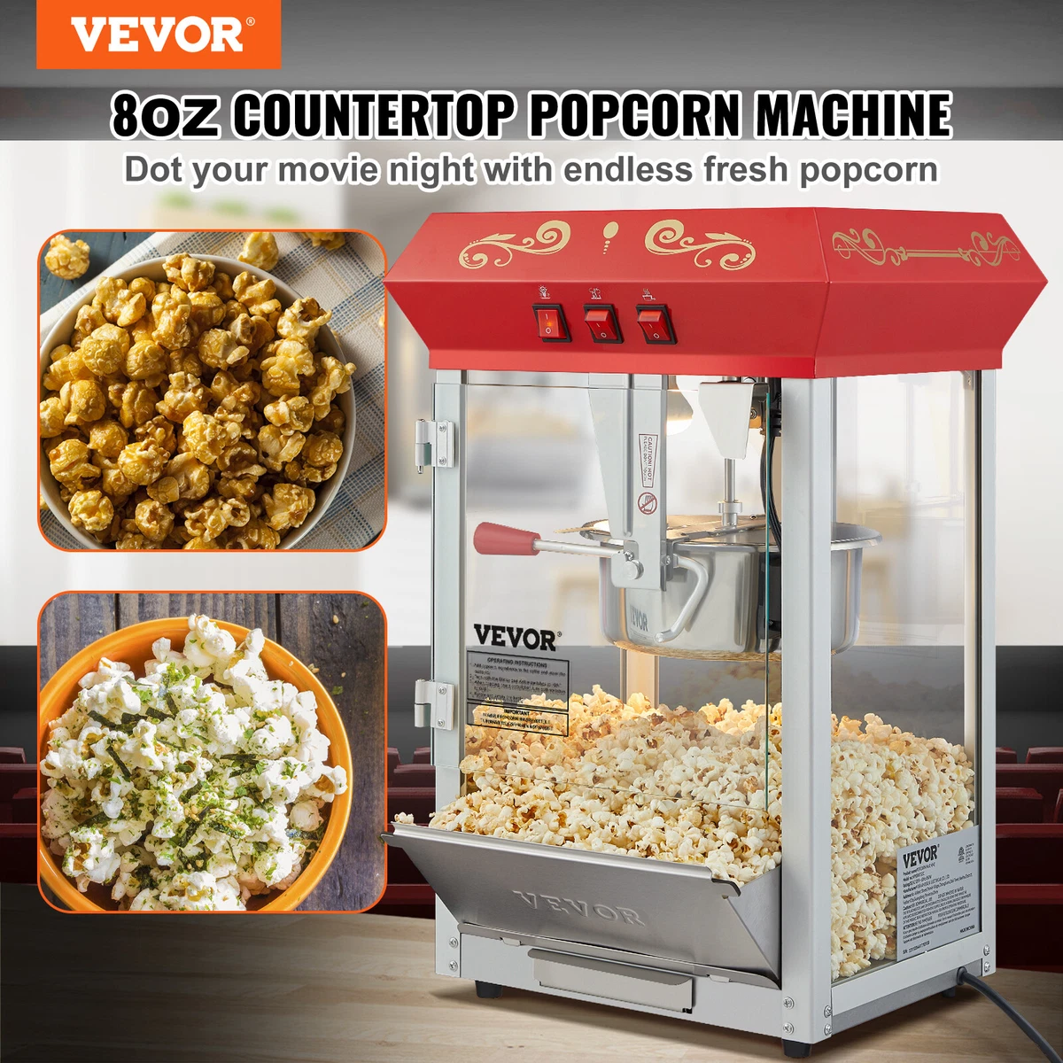 VEVOR Commercial Popcorn Machine, 8 oz Kettle, 850 W Countertop Popcorn Maker for 48 Cups per Batch, Theater Style Popper with 3