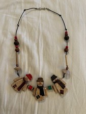 Christmas Snowman Necklace, Brown Wood, Black Cord