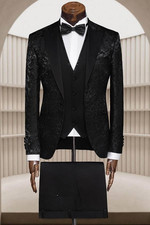 Men's 3 Piece Black Jacquard Peak Lapel Blazer Party Prom Tuxedo Wedding Suit