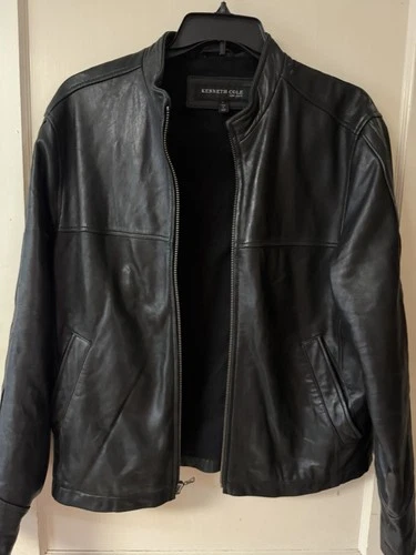 Vintage Kenneth Cole New York Jacket Mens Large Black Genuine Leather Full Zip - product listing photo