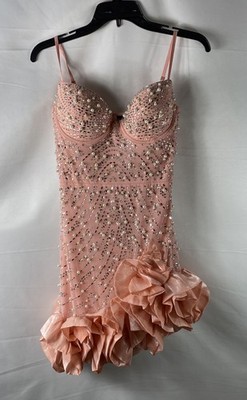Windsor Women's Pink Beaded Pearl Ruffle Rosette Mini Dress Size M NWT