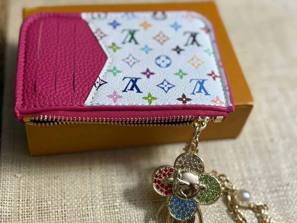 Louis Vuitton Pink White Multicolor Card Holder With Charm Coin Purse Women