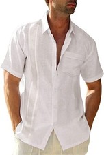 Men's Cuban Guayabera Short Sleeve Shirt Linen Cotton Beach Button Down Top