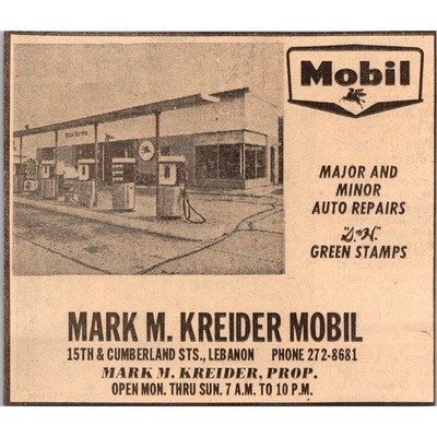 Mark M Kreider Mobil Major & Minor Auto Repairs 1972 Lebanon PA Clipping SAH4-8
