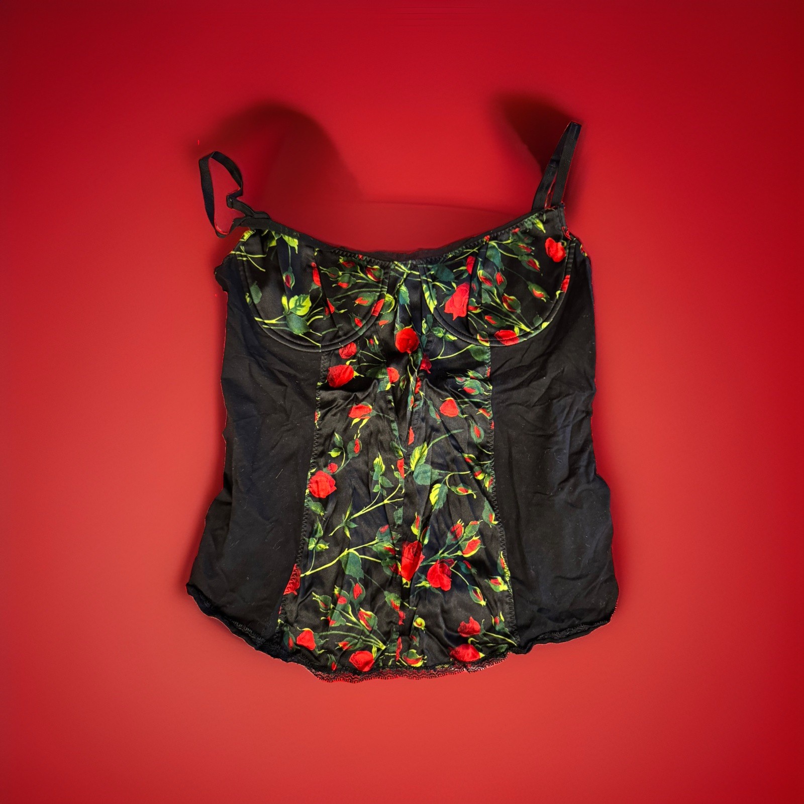 Top Bustier D&G Dolce & Gabbana Seta Rose Nero Vintage Taglia 46 IT Usato