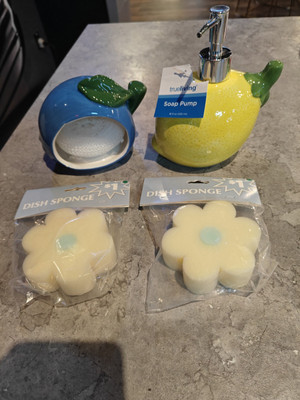 SS- True Living 18 fl oz Soap Pump/Lemon + Sponge Holder + 2 Dish Sponges