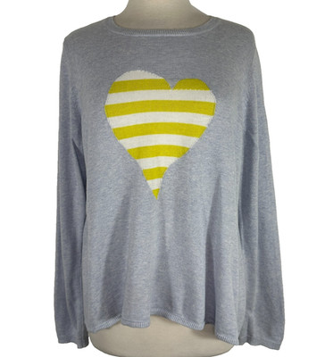 Lisa Todd Fool For Love Striped Heart Sweater Pullover Size L Light Gray Blue