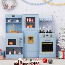 Kids Play Kitchen, Toddler Wooden Kitchen Playset with Real Lights Sounds Blue