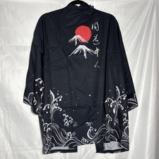 NIEPCE Japanese Kimono Cardigan Mens M Black Mount Fuji Wave Open Front