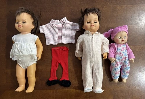 2 Mattel Chatty Baby dolls-1960/with clothing/NO sound + 12" Horseman doll