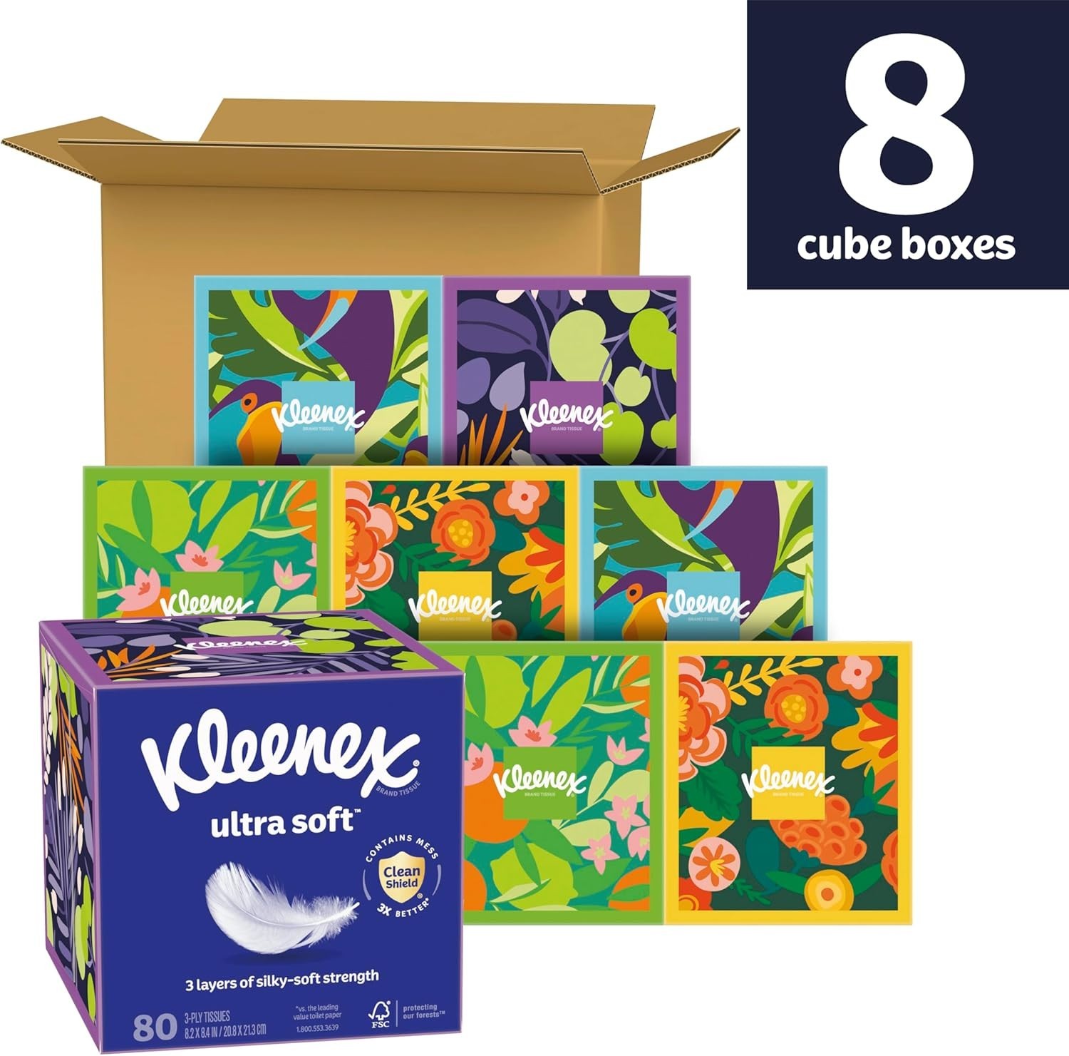Kleenex 3-Ply Ultra Soft facial tissues, 8 cube packs, 80 sheets each