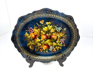 Large Vintage Zhostovo Hand Painted Russian Tray Blue Signed Gudenko Fruit