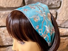 Extra Wide Aqua Blue Embroidered Headband, Gorgeous Handmade Formed Headband