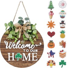 Interchangeable Seasonal Welcome Sign Front Door Decor Rustic Wood Wreaths