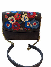 Tory Burch Black Floral Embroidered Crossbody Chain Strap Gold Hardware Small