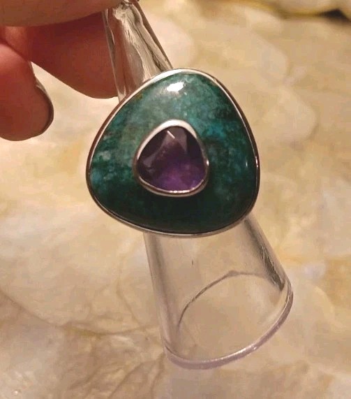 Turquoise Triangle Centered Amethyst Ring Abstrac… - image 4