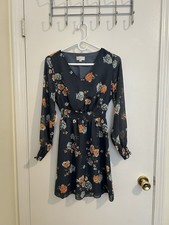 LOFT Outlet Navy Floral Smocked A-Line Dress Long Sleeve V-Neck Short Size XS