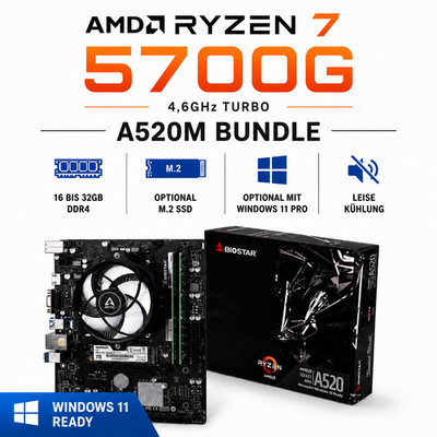 Bundle AMD Ryzen 7 5700G 4,6GHz, 16-32GB DDR4, LEISE, microATX, (Windows 11 SSD)
