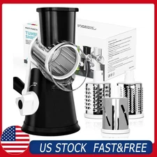 Black Rotary Cheese Grater Manual Vege Slicer w/Handle&Suction Base Xmas Gift