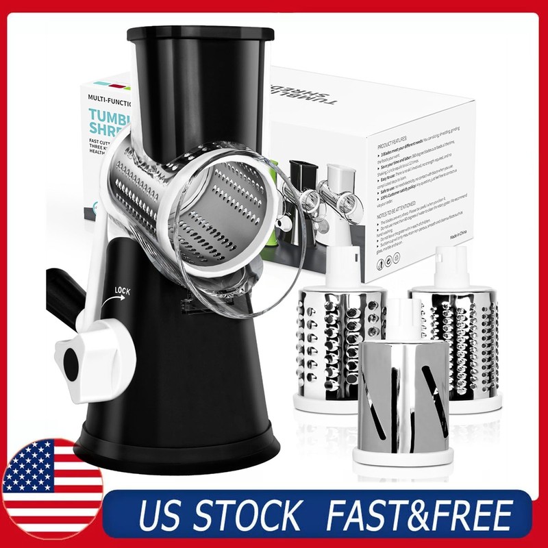 Black Rotary Cheese Grater Manual Vege Food Slicer w/Handle & Suction Base Gift