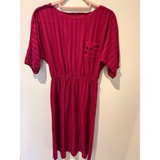 Vintage 70s Magenta Pinstripe Elastic Waist Pocket Midi Dress L