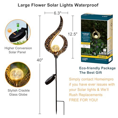 Außen Garten Solarleuchten Pfahlleuchten, Crackle Glaskugel, Metall Blume - Bild 3 von 7