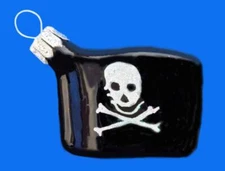 SM BLACK PIRATE CROSSBONES FLAG EUROPEAN BLOWN GLASS CHRISTMAS TREE ORNAMENT